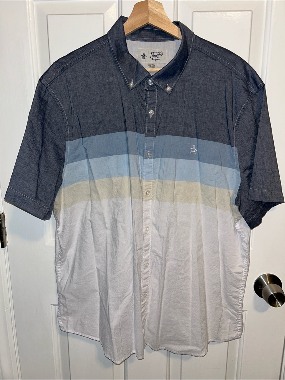 Original Penguin Men's Short Sleeve Button-Down Shirt Navy/Light Blue/White XXL